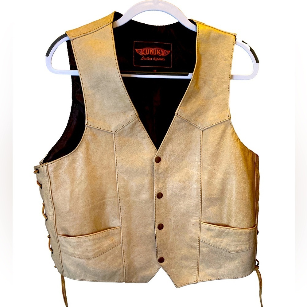 Unik leathers tan leather vest with leather side stitches size 42 medium